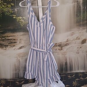 Shein Womens XL blue white striped summer vneck romper jumpsuit with ruffles